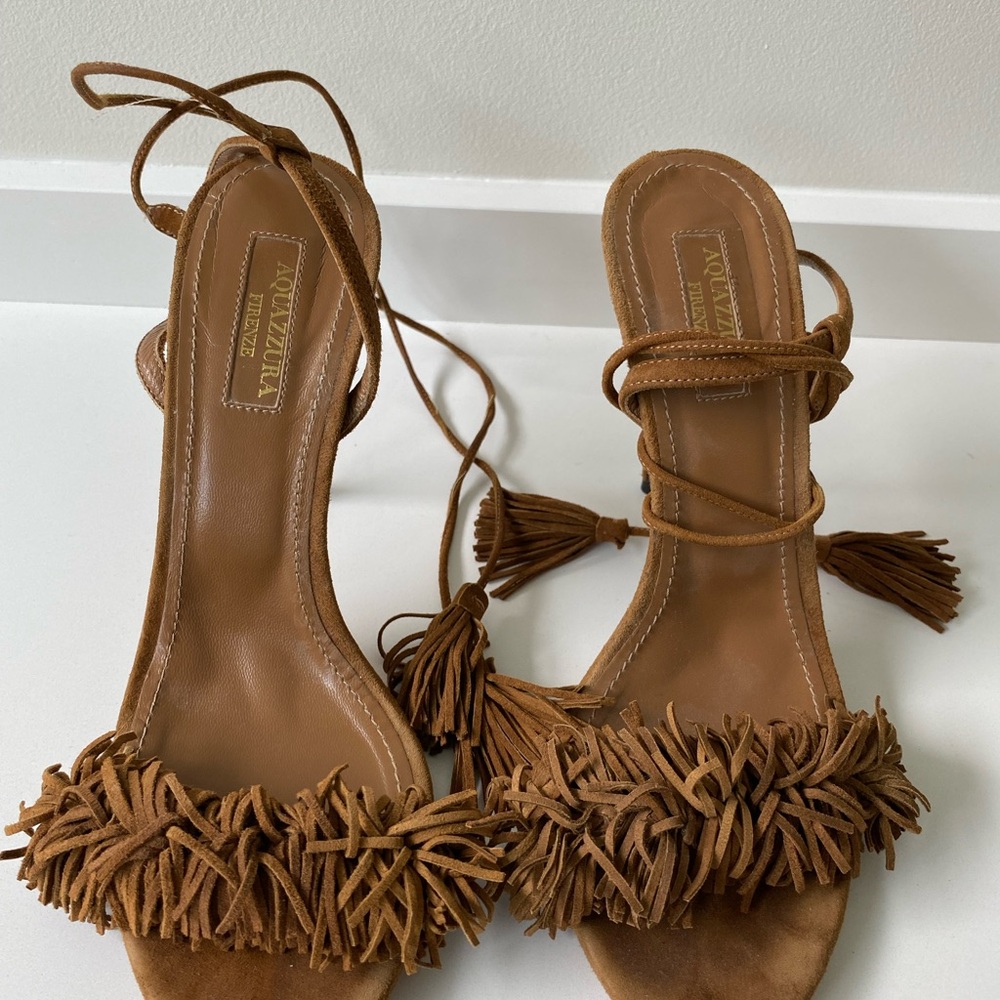 Aquazzura Tan Suede High-Heeled Sandals with Fringe and Ankle Strap in size 7 US
